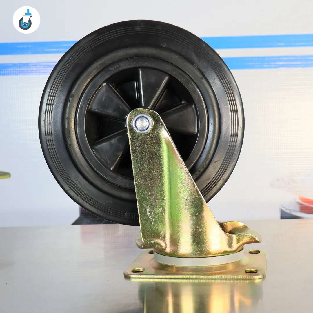 Front three-quarter view of 8-inch dustbin swivel wheel in gold housing on stainless table.